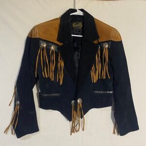 Scully Womens Western Suede Fringe Jacket Black Tan Concho Cropped sz 10 Vintage